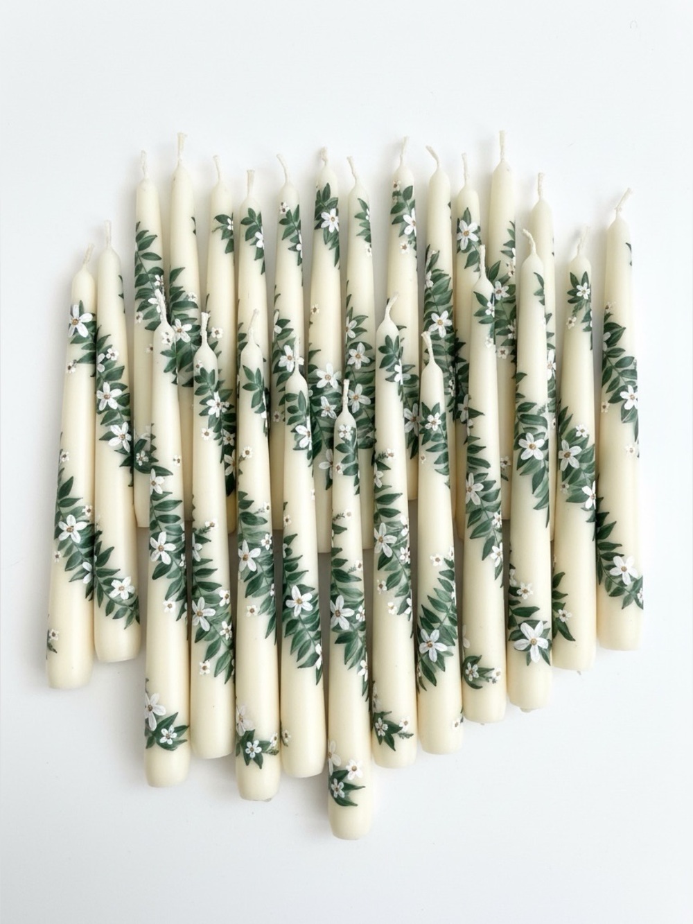 Hand Painted Floral Taper Candles Set – White Green Botanical Decor